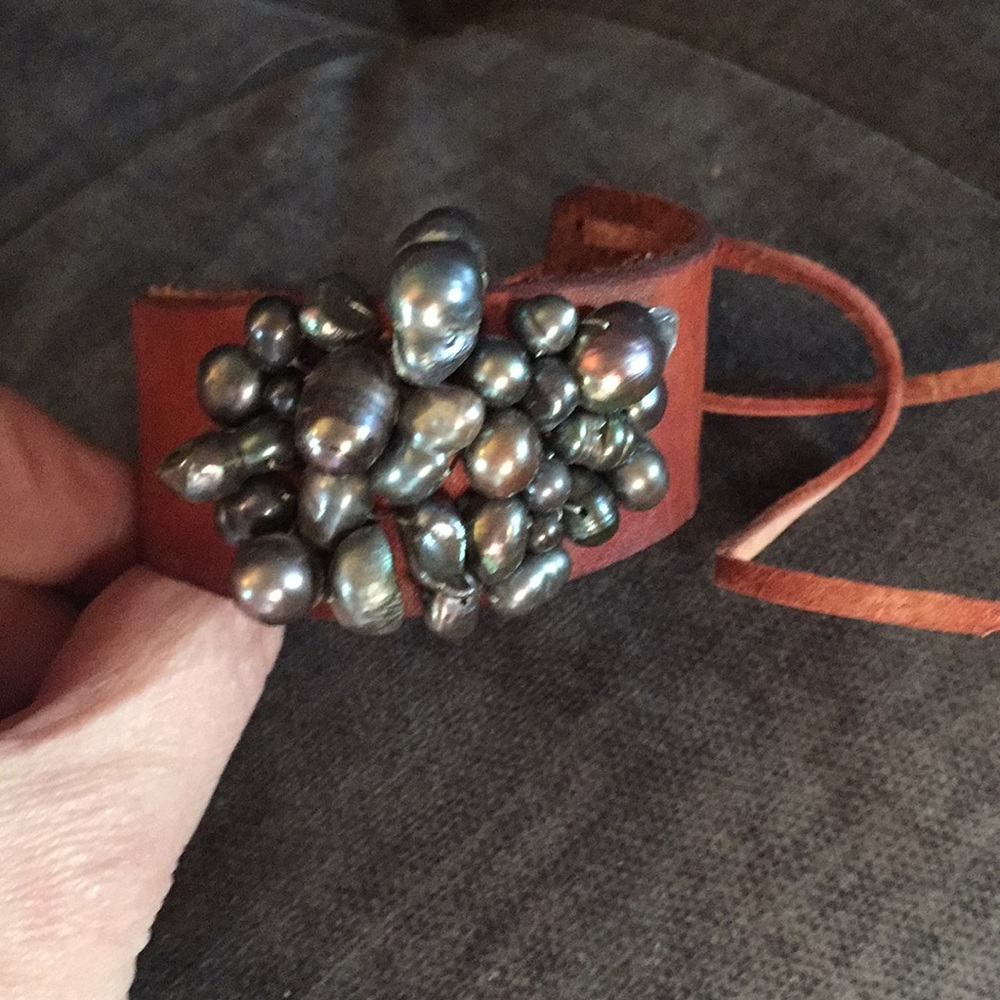 Rare grey pearl leather cuff